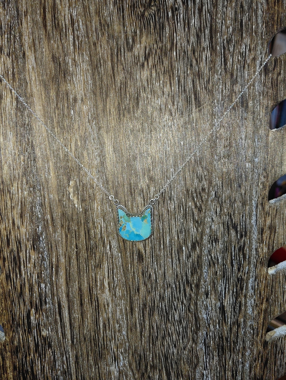 Turquoise Cat Silhouette Sterling Silver Pendant Necklace - Picture 3 of 8